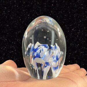 Vintage Egg Shaped Art Glass Paperweight With White Blue Flowers Small Bubbles